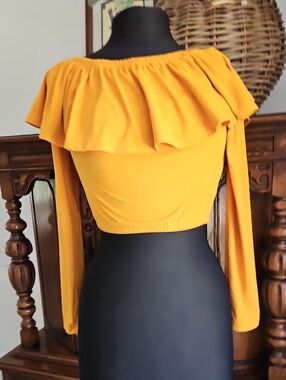 feathers Off-Shoulder Ruffle Crop Top in Mustard